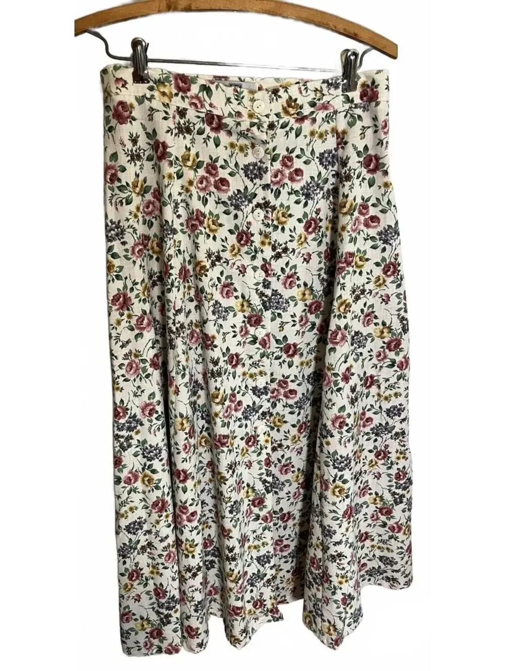 Vintage Christy Girl White Floral Button Down Midi Skirt Linen-blend  10 Teacher